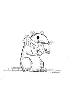 a drawing of a rat sitting on the ground holding something in its paws and looking at it