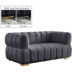 a gray couch with gold legs and an image of the back end in black velvet