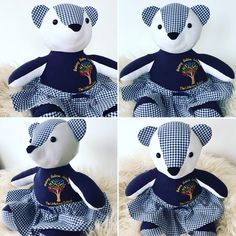 four pictures of a teddy bear in blue and white checkered dress with trees on it