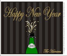 a happy new year card with a green bottle and fireworks on the top of it