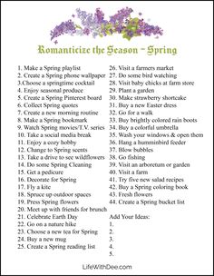 Romanticize the Season ~ Spring - Life with Dee Romanticize Spring, Spring Family Activities, 2025 Bujo, Romanticing Life, Spring Playlist, Spring Movie, Wholehearted Living, Planners Ideas, Journal Things