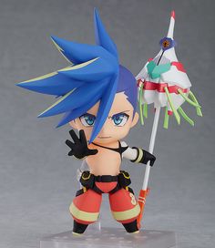 a toy figurine with blue hair holding an umbrella