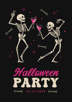 two skeletons holding martini glasses in their hands with the words halloween party printed on it