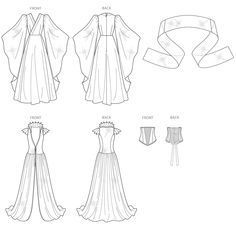 four different types of dresses and sashes, one with an open back on the top