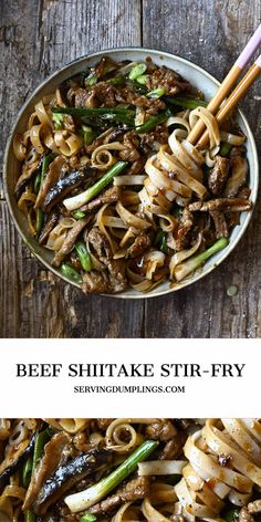 beef shiitake stir - fry with noodles and asparagus in a bowl