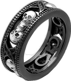 This wheel of life ring is for you. you like rhinestone and glitter, so fall for this skull ring. it's the perfect jewel to match any style and any situation. Welcome ladies and gents, are you looking for a simple ring that you could wear every day and that would look very nice with all of your outfits, this skull ring black is dominated by a gorgeous deep black all over its ring band to match most of your clothes, then a beautiful silver that covers the skulls that are sculpted in the gap betwe Gothic Metal Ring For Streetwear, Gothic Metal Rings For Streetwear, Black Metal Skull Ring For Streetwear, Punk Style Stainless Steel Metal Ring Jewelry, Punk Stainless Steel Jewelry With Metal Ring, Black Metal Rings For Halloween, Black Metal Skull Ring Symbolic Style, Symbolic Black Metal Skull Ring, Edgy Round Metal Jewelry