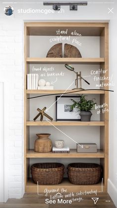 an open book shelf with baskets and other items on it, labeled in white letters