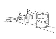 a line drawing of a train on the tracks