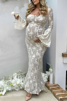 Occasion: Photoshoot, baby shower, party, going out, vacation, cocktail, holiday
Style: Elegant
Color: White
Season: Spring, autumn, summer
Decoration: Corset, lace, sheer, drawstring
Material: Lace
Pattern: Solid color
Neckline: Square neck/boat neck
Sleeve length : Long sleeve
Sleeve type : Flare sleeve Tulle Baby Shower, Elegant Cocktail Party, Maternity Sundress, White Lace Bodycon, White Lace Corset, Shower Outfits, Maternity Midi Dress, Maternity Dresses For Photoshoot