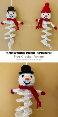 crochet snowman ornament is shown in three different ways