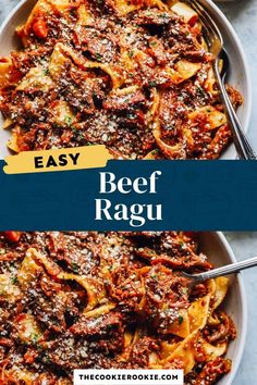 beef ragu in a white bowl with text overlay