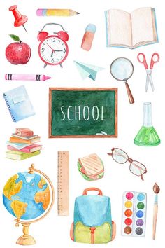 watercolor illustration of school supplies including books, pencils, an apple and other items