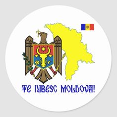 the flag and coat of arms on a white round sticker with words in russian