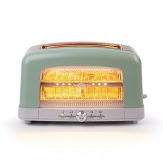 a toaster oven with yellow lights on it