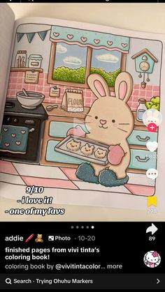 an open book with a cartoon bunny cooking in the kitchen