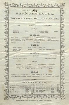 an old menu for the barnum's hotel, breakfast bill of fares