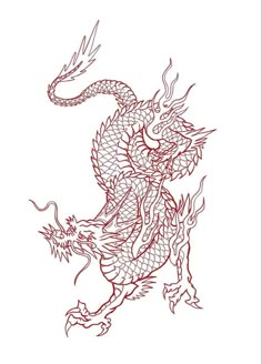 a drawing of a dragon with red ink on it's body and tail,