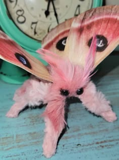 a close up of a stuffed animal near a clock