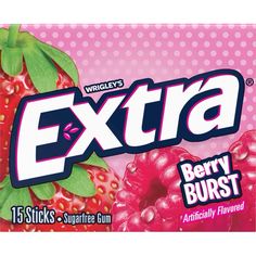 a box of extra berry burst chewing gum with strawberries on the front and back