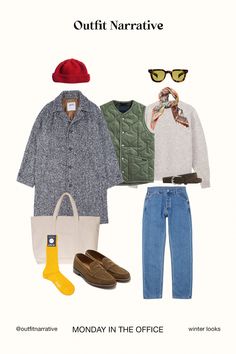 This Casual Winter Outfit features a wool overcoat, shetland sweater and blue washed jeans paired with suede loafers. Amping up the style cool sunglasses and a colourful beanie complete the look with a perfect blend of casual menswear and ivy style Winter Man Style, American Ivy Style, Outfit Narrative, Wool Coat Outfit Casual, Casual Winter Outfits Men, Cable Knit Sweater Outfit, Japanese Street Fashion Men, Mens Scarf Fashion