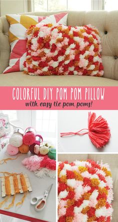 colorful diy pom pom pillow with easy tie pom poms