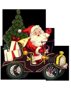 an old fashioned christmas card with santa riding in a car