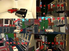 multiple pictures of cars and buildings in different stages of construction, with red lanterns hanging from the windows