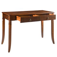 a wooden desk with two drawers on one side and an open drawer on the other