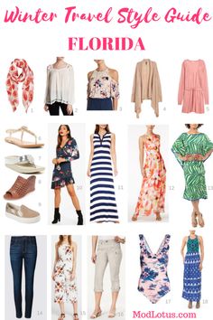 the winter travel style guide for florida, including dresses and shoes with text overlay