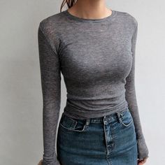 Color: gray, Size: One Size Basic T Shirts, Plain T Shirt, Tops Long Sleeve, Looks Street Style, Plain Tshirt, Mode Inspo, Solid Clothes, T Shirt Women, Look Casual