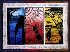 three different colored paintings with trees and animals