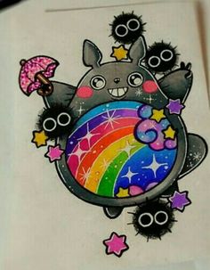 a drawing of a cat with an umbrella and stars on it's back, in front of a rainbow