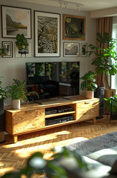 a living room filled with lots of plants and pictures on the wall next to a flat screen tv