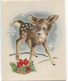 an old fashioned christmas card with a baby deer