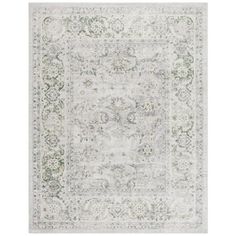 a white rug with green and grey accents on the bottom, in front of a white background