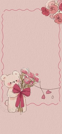 a teddy bear holding a bouquet of roses on a pink background with an empty frame