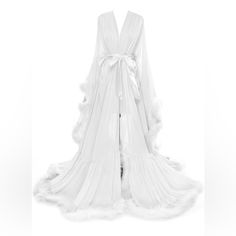 This Feather Bridal Robe Features A Delicate Chiffon Fabric And Fluffy Feather Details That Add A Touch Of Elegance And Glamour. With A Matching Satin Belt, This Robe Is Designed Specifically For A Beautiful Bride On Her Special Day. Material: Chiffon And Feather, Belt Is Satin. Care Instructions: Hand Wash Only White Only White Sheer Robe, White Robe Dress, Long White Robe, White Negligee, Feather Bridal Robe, Bridal Robes Getting Ready, Parent Dr, Canon Event, Feather Belt