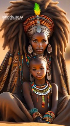 an african woman and her child are sitting together in front of the camera, wearing headdress