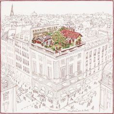 a drawing of the roof of a building with flowers growing on it's top