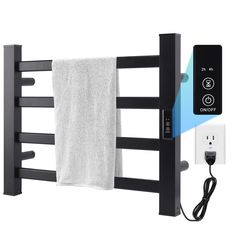 an electric heated towel warmer is shown with the timer on it's side and plugged in