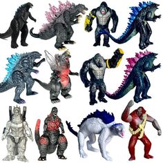 an assortment of godzilla action figures on a white background