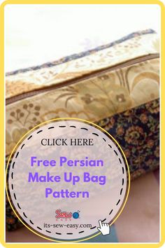 a close up of a bed with the text, click here free persian make up bag pattern