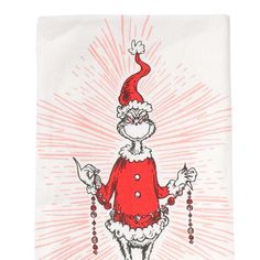 a red and white towel with a santa clause on it's head, holding beads