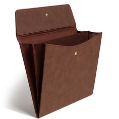 an open brown leather folder on a white background