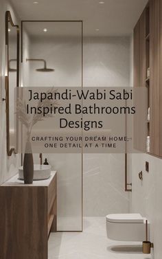 a bathroom with white tile and wood accents, including a toilet and sink in the center