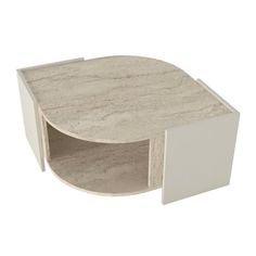 a white marble coffee table with an open section on the top and one drawer at the bottom