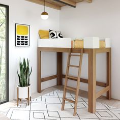 a loft bed with a desk and ladder