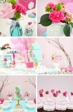 a collage of photos with flowers and cakes