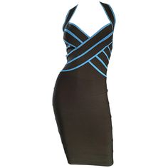 Rare and sexy 1990s HERVE LEGER COUTURE chocolate brown and blue bodcon halter bandage dress! Unlike Leger pieces today, this lovely gem was made in France, and was mostly sewn by hand. These signature bandage dresses do wonders for the body! The stretch fabric (90% Rayon 10% Spandex) hugs the body, and stretches to fit. Hidden zipper up the back with hook-and-eye closures at top back neck. Such a flattering timeless dress. Perfect for any day or evening event. Great with boots or heels. In grea Bandage Dress Herve Leger, Herve Leger Dress, Cocktail Dress Vintage, Timeless Dress, Brown And Blue, Dresses Cocktail, Couture Vintage, Vintage Cocktail, Herve Leger