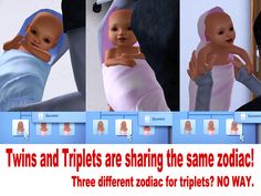 there are pictures of babies in different stages of birth and the words twins and triplets are sharing the same zodiacs